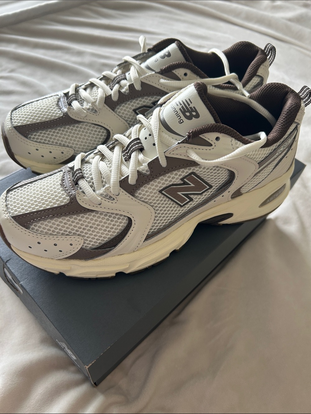 New Balance White and Brown Retro Mesh Running Sneakers